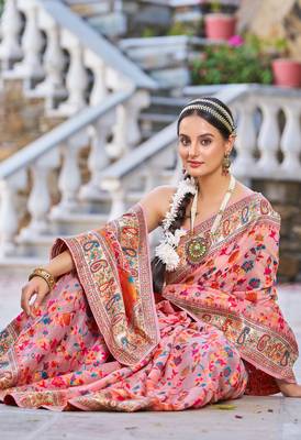 Peach Kashmiri Pashmina Style Blend Cotton Weaving Saree With Blouse 3