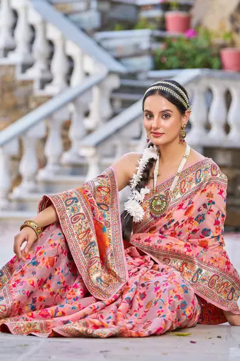 Peach Kashmiri Pashmina Style Blend Cotton Weaving Saree With Blouse