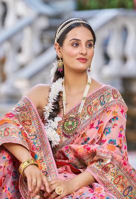 Peach Kashmiri Pashmina Style Blend Cotton Weaving Saree With Blouse 4