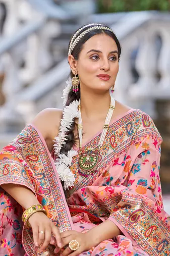 Peach Kashmiri Pashmina Style Blend Cotton Weaving Saree With Blouse