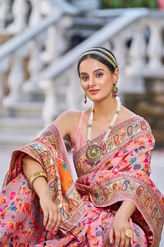 Peach Kashmiri Pashmina Style Blend Cotton Weaving Saree With Blouse