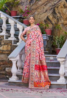 Pink Kashmiri Pashmina Style Blend Cotton Weaving Saree With Blouse 1