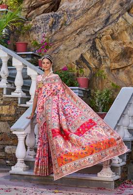 Pink Kashmiri Pashmina Style Blend Cotton Weaving Saree With Blouse 2