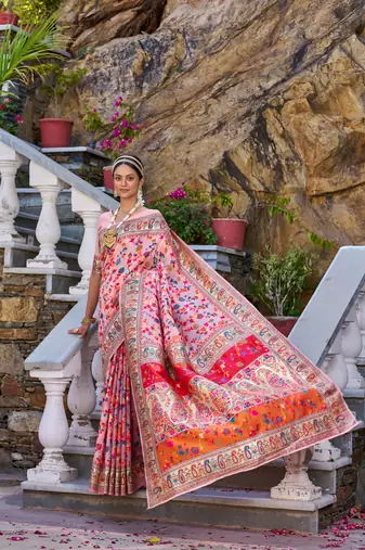 Pink Kashmiri Pashmina Style Blend Cotton Weaving Saree With Blouse