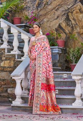 Pink Kashmiri Pashmina Style Blend Cotton Weaving Saree With Blouse 3