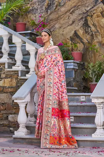 Pink Kashmiri Pashmina Style Blend Cotton Weaving Saree With Blouse