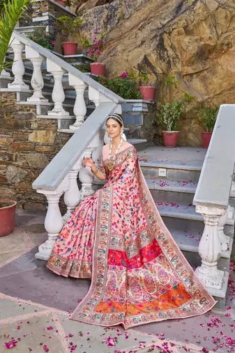 Pink Kashmiri Pashmina Style Blend Cotton Weaving Saree With Blouse