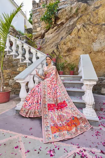 Pink Kashmiri Pashmina Style Blend Cotton Weaving Saree With Blouse