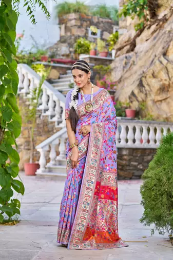 Purple Stylish Blend Cotton Banarasi Style Soft Cotton Silk Saree With Blouse