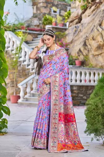 Purple Stylish Blend Cotton Banarasi Style Soft Cotton Silk Saree With Blouse