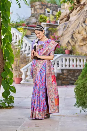 Purple Stylish Blend Cotton Banarasi Style Soft Cotton Silk Saree With Blouse