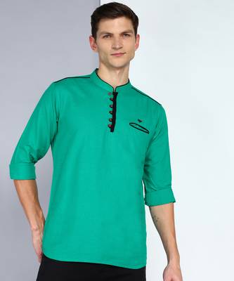 men's linen cotton forest green short kurta   1