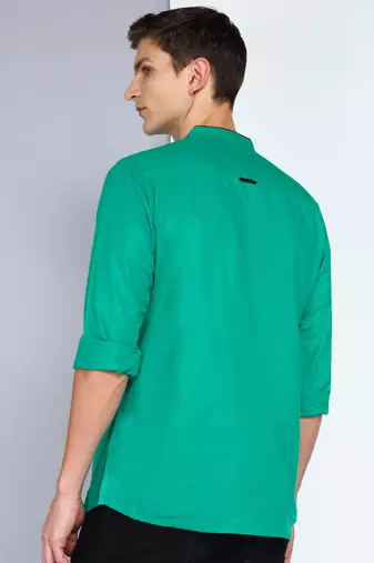 men's linen cotton forest green short kurta  