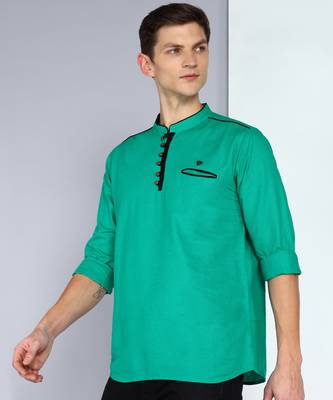 men's linen cotton forest green short kurta   3