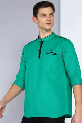 men's linen cotton forest green short kurta  