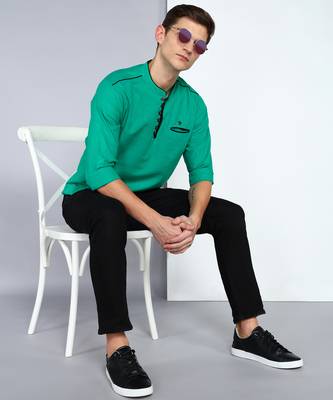 men's linen cotton forest green short kurta   4