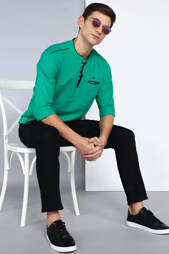men's linen cotton forest green short kurta  