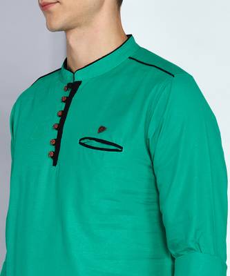 men's linen cotton forest green short kurta   5