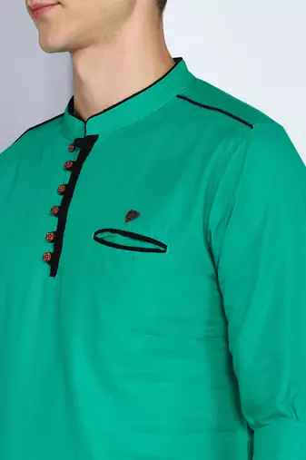 men's linen cotton forest green short kurta  
