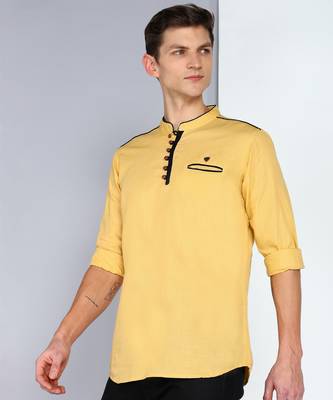 men's linen cotton royal beige short kurta 3
