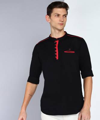 men's black linen cotton tailored fit short kurta 1