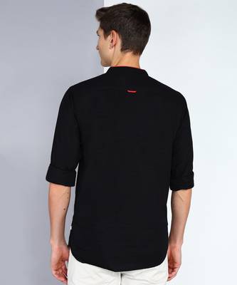 men's black linen cotton tailored fit short kurta 2