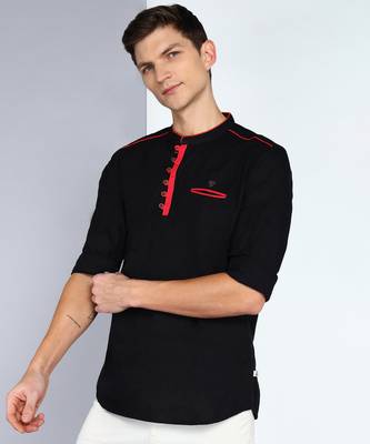 men's black linen cotton tailored fit short kurta 3