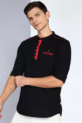men's black linen cotton tailored fit short kurta