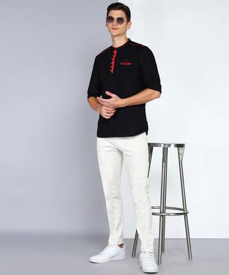 men's black linen cotton tailored fit short kurta 4
