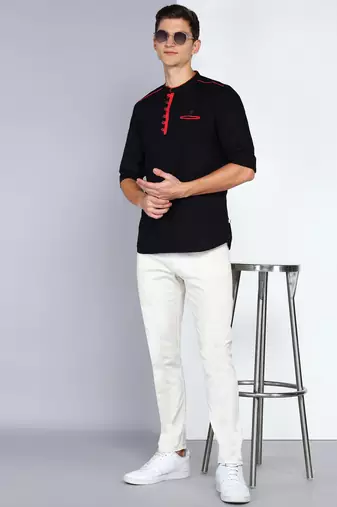 men's black linen cotton tailored fit short kurta