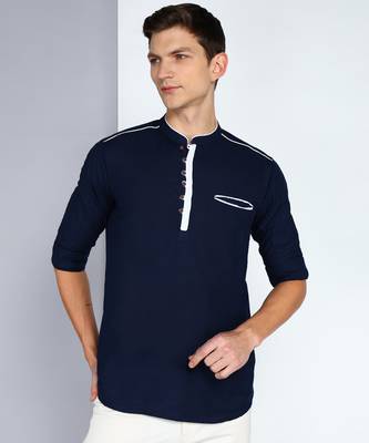 men's linen cotton navy blue short kurta 1