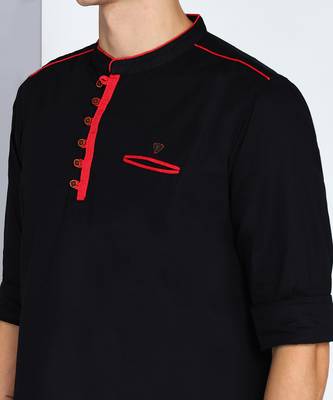men's black linen cotton tailored fit short kurta 5
