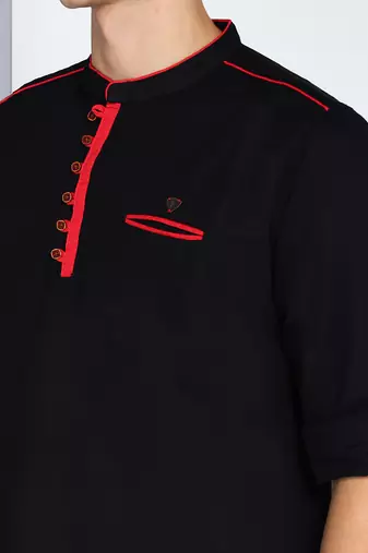 men's black linen cotton tailored fit short kurta