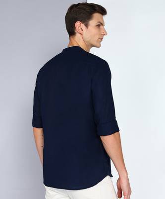 men's linen cotton navy blue short kurta 2