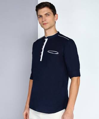 men's linen cotton navy blue short kurta 3