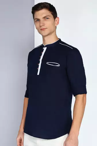 men's linen cotton navy blue short kurta