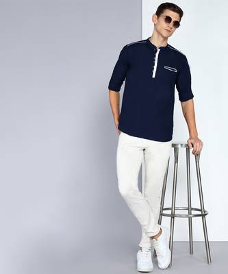 men's linen cotton navy blue short kurta 4