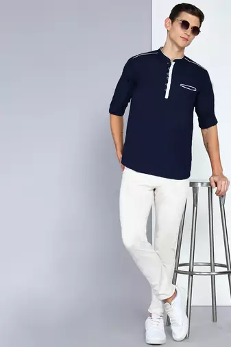 men's linen cotton navy blue short kurta