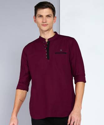 men's linen cotton maroon short kurta 1