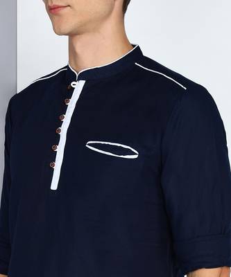 men's linen cotton navy blue short kurta 5