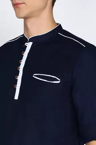 men's linen cotton navy blue short kurta