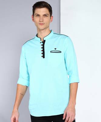 men's linen cotton turquoise short kurta 1