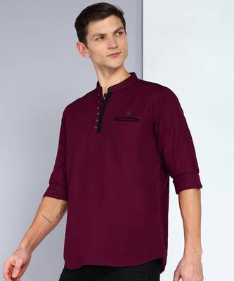 men's linen cotton maroon short kurta 3