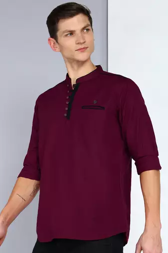 men's linen cotton maroon short kurta