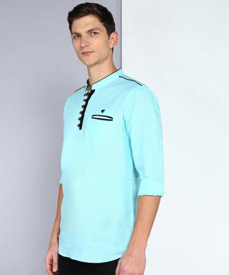 men's linen cotton turquoise short kurta 3