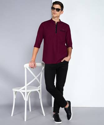 men's linen cotton maroon short kurta 4