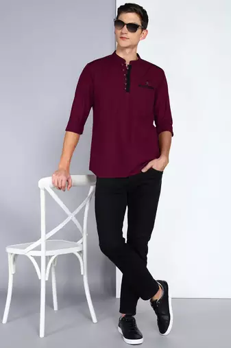 men's linen cotton maroon short kurta