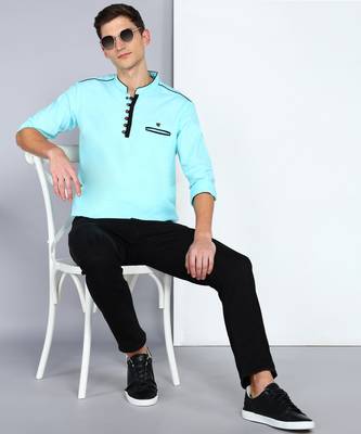 men's linen cotton turquoise short kurta 4