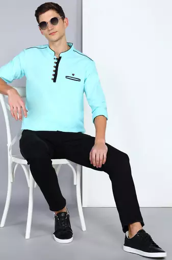 men's linen cotton turquoise short kurta