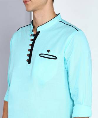 men's linen cotton turquoise short kurta 5